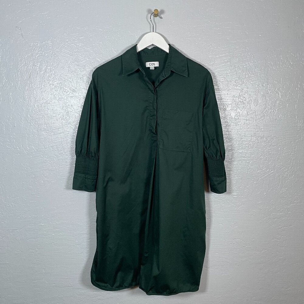 COS Women 4 Emerald Green Shirt Dress Half Button Front Pockets Gathered Sleeve